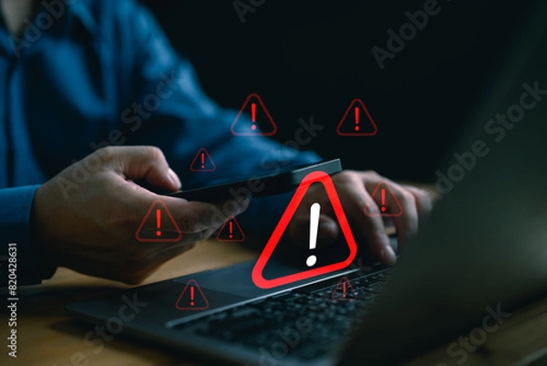 Fototapeta Cyberattack cybercrime hacker smartphone. Internet web hack technology. Digital mobile phone in Scammer hand. Data protection, secured internet access, cybersecurity banner, Stealing data information.