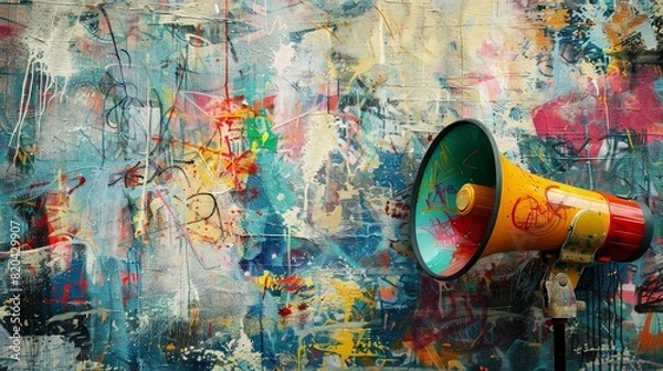 Obraz Vibrant graffiti-covered wall with a colorful megaphone on a stand