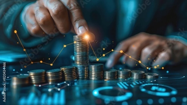 Fototapeta Businessman analyzes the growth of financial graphs Business development with global network connections to increase sales data Business strategy and planning