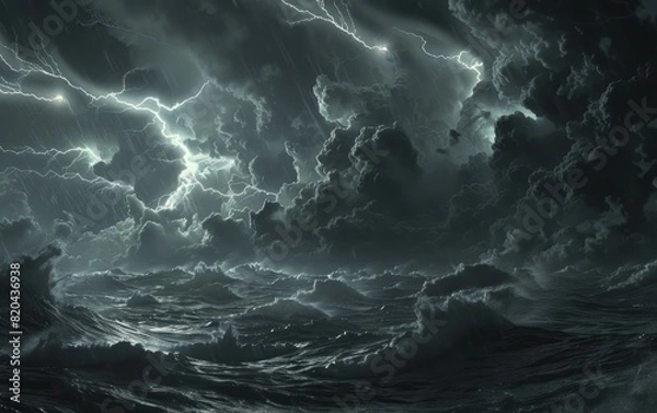 Fototapeta Lightning strikes in the sky, dramatic storm clouds above the clouds, ocean waves