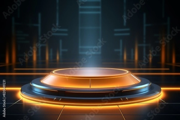 Fototapeta Futuristic orange and blue neon lit stage platform in a dark room with abstract technology elements, showcasing a modern high-tech design.