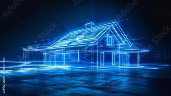 Fototapeta A fantastical depiction of a house outlined in neon blue light