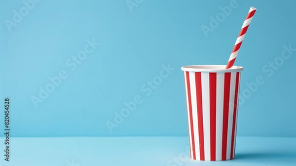 Fototapeta  Red and white striped soda cup with a straw on a blue background