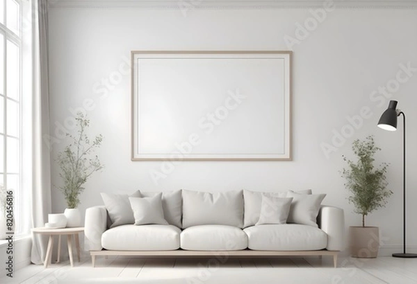 Fototapeta Frame Mockup ISO A paper size frame with a living room wall poster in a modern, white-walled interior design. Photorealistic 3D rendering