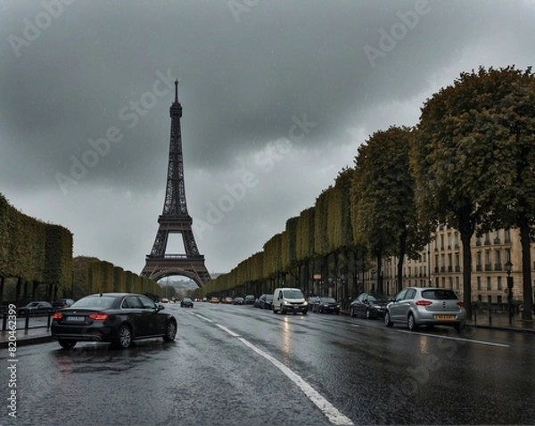 Fototapeta The Eiffel Tower statue on a snowfall night background in the car and cupcake in Eifel tower
