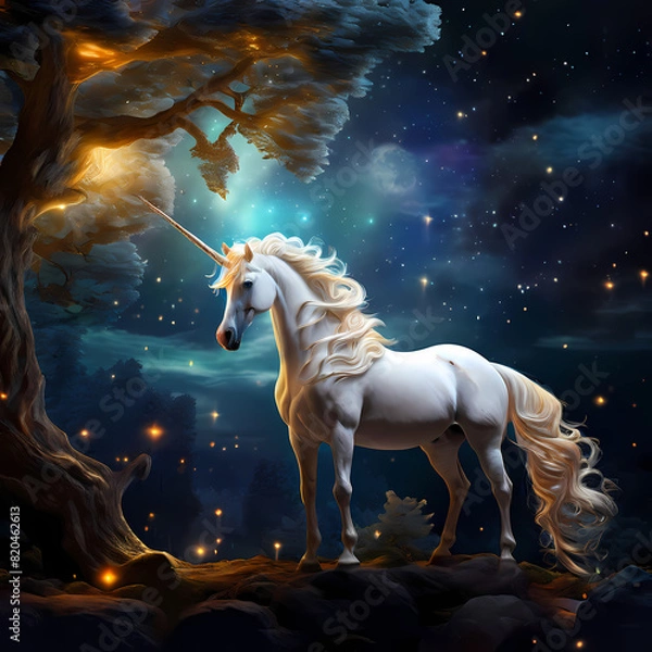 Obraz rare-picture-of-a-mythical-white-unicorn-with-a-golden-spiraled-horn-surrounded-by-an-enchanting-ce-22940099