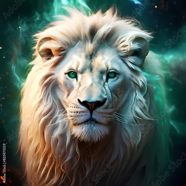 Obraz ultrarealistic-digital-painting-of-a-rare-white-lion-with-captivating-emerald-eyes-spotlighted-agai-898043046