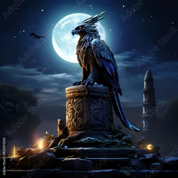 Obraz undiscovered-mythical-creature-perched-atop-an-ancient-rune-etched-obelisk-moonlight-casting-ether