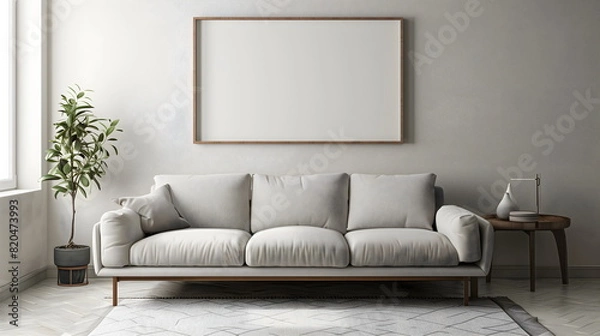 Fototapeta Modern living room interior design with sofa and soft pillows. Interior in minimalist style with empty space for product presentation or text for advertising