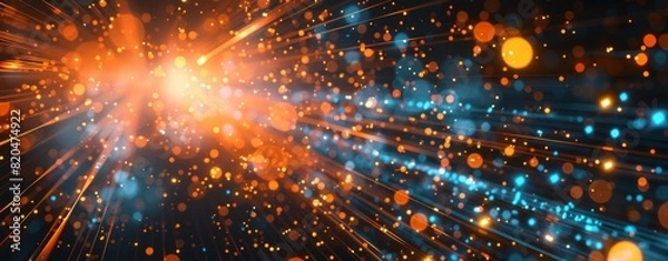 Obraz Abstract background with blue and orange light rays, futuristic digital design elements, and glowing dots on dark backdrop