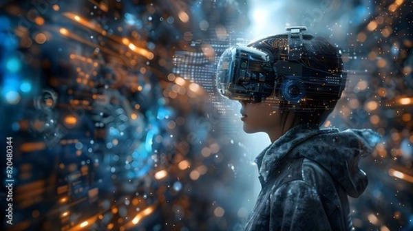 Fototapeta Futuristic virtual reality technology background, 3d render visualization of remote viewing with advanced VR headset, holographic display of data stream, design of digital web network communication.