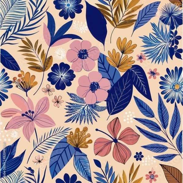 Fototapeta Seamless pattern of ink textures with floral and botanical elements, adding a touch of nature-inspired beauty to your gift wrap, Generative AI