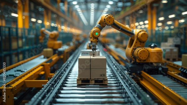 Fototapeta Control unit directs robotic arms in a logistics setting, orchestrating product placement on conveyor belts.generative ai