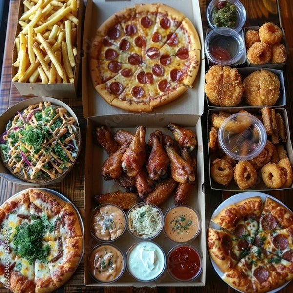 Obraz A variety of fast food dishes including pizza, chicken wings and French fries are laid out on an old wooden table with empty boxes for ready-to-eat plates. High viewing angle