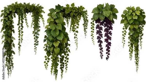Fototapeta Collection of PNG. Green leaves Javanese treebine or Grape ivy. Jungle vine hanging ivy plant bush isolated on a transparent background.