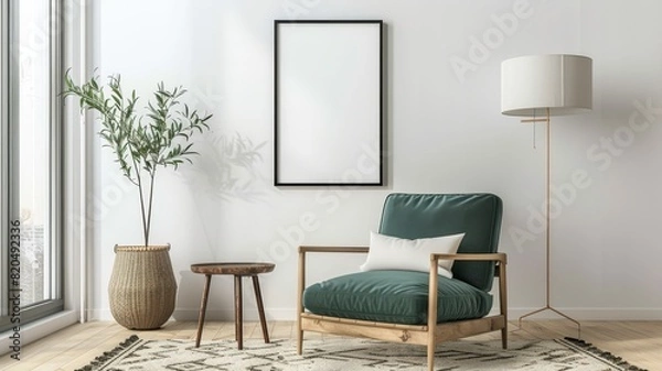 Fototapeta Mockup of a blank frame on a white wall, next to a modern armchair and floor lamp, with a cozy rug and coffee table,