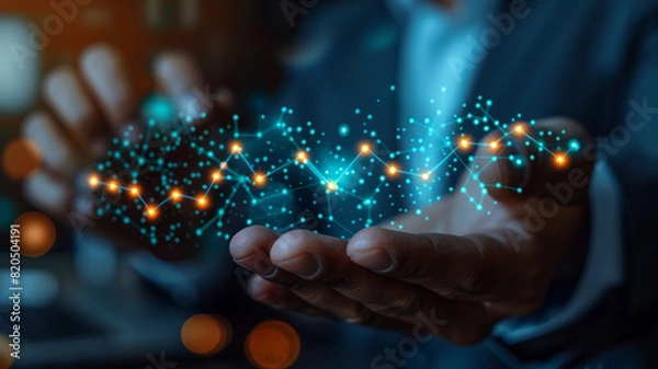 Fototapeta A businessman's gesture towards the arrow graph signifies a roadmap for corporate growth and success,generative ai