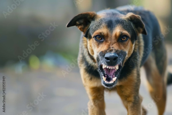 Fototapeta angry aggressive dog on the city street dangerous and may be infected. Rabies concept
