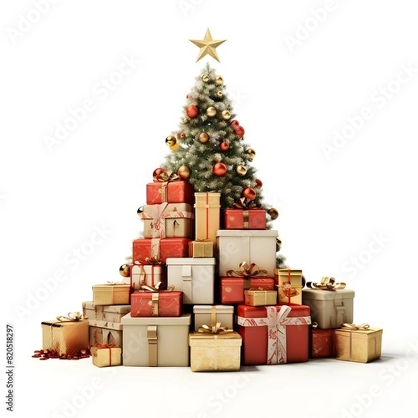 Obraz christmas tree with gifts, Christmas tree decorated with light and gift boxes on white background New year and merry christmas