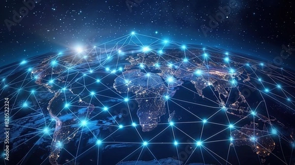 Fototapeta a blue sky serves as the backdrop for a network of connected objects, including a globe, in this image