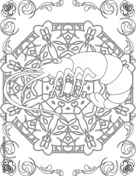 Obraz Shrimp on Mandala Coloring Page. Printable Coloring Worksheet for Adults and Kids. Educational Resources for School and Preschool. Mandala Coloring for Adults