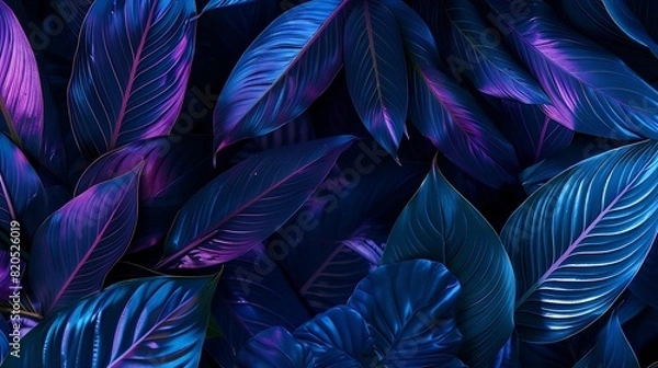 Fototapeta intense blue and violet tropical plant glowing neon exquisite leaves close up abstract nature background dark blue and purple toned Leaf details Future exotic trendy concept daring col : Generative AI