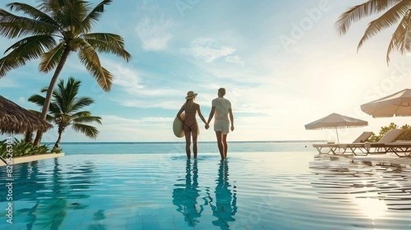 Fototapeta vacation couple on the beach near swimming pool luxury travel : Generative AI