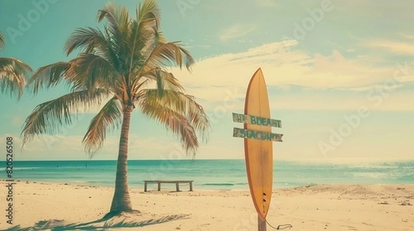 Fototapeta Surfboard and palm tree on beach with beach sign for surfing area Travel adventure and water sport relaxation and summer vacation concept vintage color tone image : Generative AI
