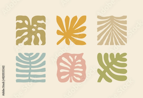 Obraz Palm Tree Leaves Boho Nature Illustration Set. Groovy Geometric Summer Palm Leaf. Vector Summer Abstract Square Tropical Icons in Freehand Retro Style for Logo, Print, Pattern, Poster, Web Design
