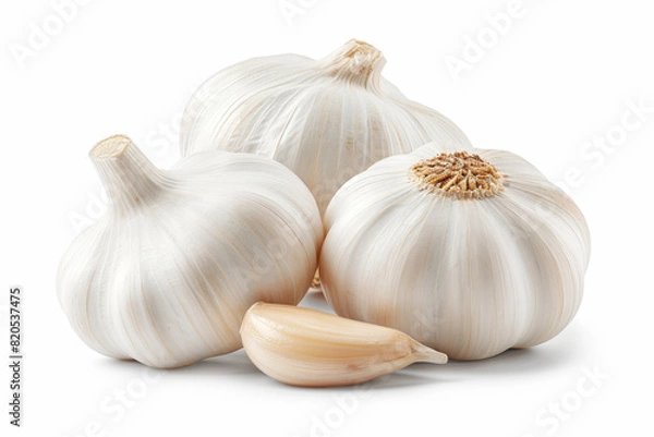Obraz Garlic bulb and clove isolated. Garlic bulbs with cloves on white background. White garlic bulb composition.