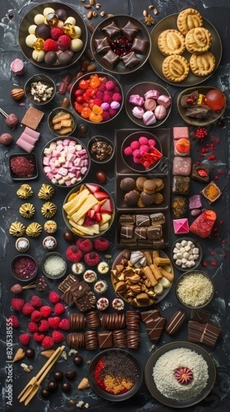Fototapeta An overhead layout of various Japanese snacks and candies spread out on a dark textured surface, creating a tapestry of flavors and colors