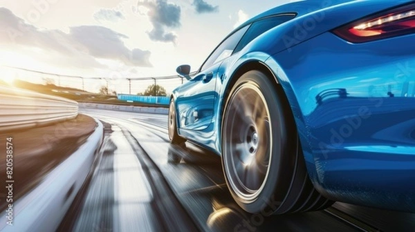 Fototapeta High speed rear view of a blue business car making a turn along a highway. 