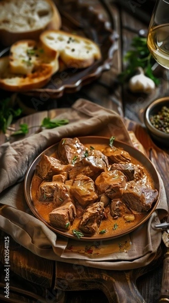 Fototapeta Czech Svickova, slices of beef in a creamy vegetable sauce, served with bread dumplings, traditional tavern setting, warm and inviting