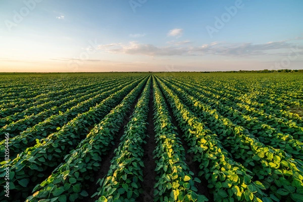 Obraz Golden sunlight bathes a vibrant soybean crop in organized rows at dusk