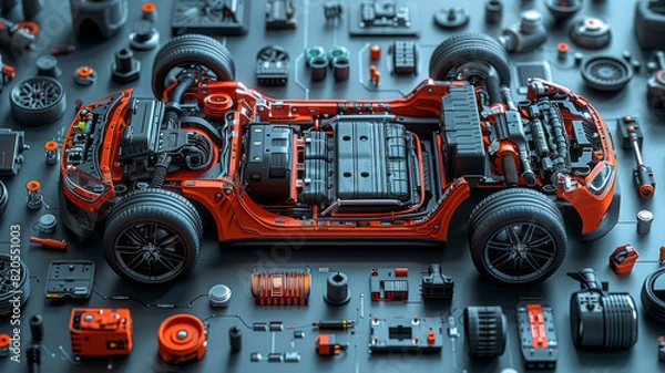 Fototapeta isometric diagram of a cutaway modern EV car showing all the components,generative ai