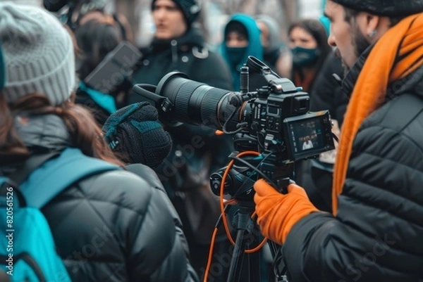 Fototapeta Reporters conducting interviews on location, microphones in hand, Generative AI