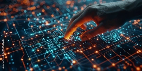 Obraz Hand interacting with a digital network interface, showing data points and connections.