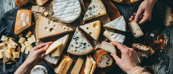 Fototapeta Flat lay of an assortment of cheeses on a stylish platter, hands reaching in to sample, highlighting the variety and rich flavors perfect for a business function