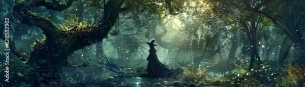 Obraz A witch stands in a dark forest, surrounded by tall trees and strange glowing plants