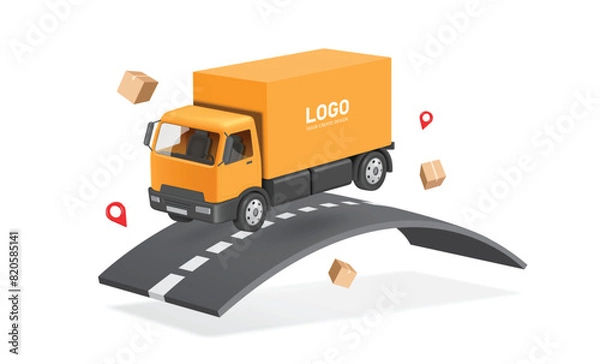 Fototapeta Delivery and online shopping concept ,Cargo yellow trucks drive on road and there is a parcel box or cardboard box, all red maps floating in the air around, vector 3d isolated for logistics design