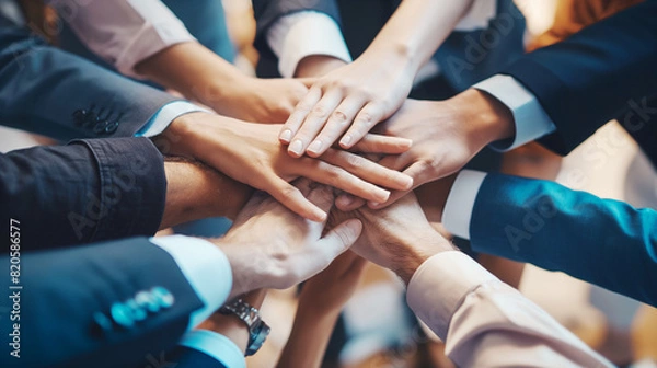 Obraz 円陣で同僚とチームワークを強めるビジネスマン Businessman enforcing teamwork