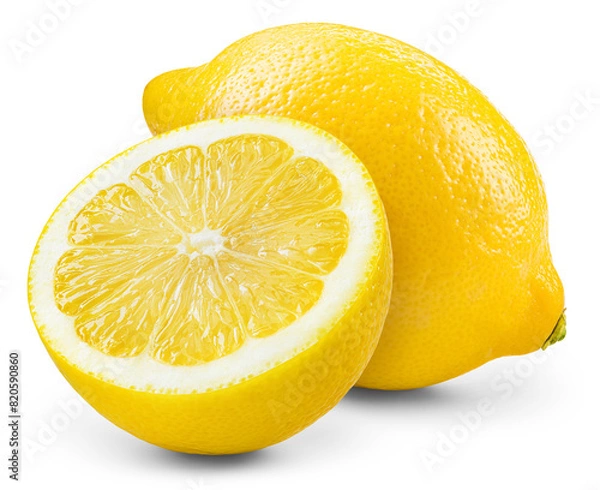 Fototapeta Lemon fruit with half isolated png. Whole lemon and a half on transparent background. PNG format. Lemons isolated. Full depth of field.