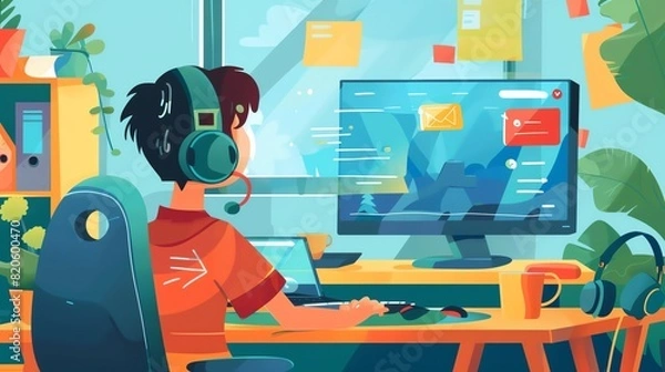 Fototapeta A young man sits at his desk, wearing headphones and looking at his computer screen. He is surrounded by plants, sticky notes, and other office supplies.