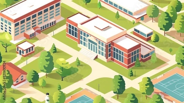 Obraz isometric illustration of a school campus, with trees, pathways and various buildings.