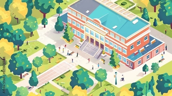Fototapeta isometric illustration of a large school building with a clock tower and a large green lawn in front of it. There are trees and people walking around on the lawn.