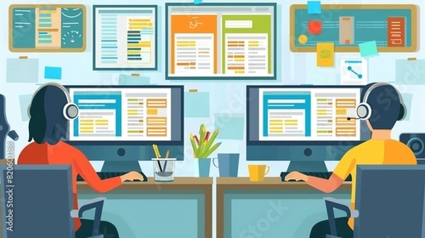 Obraz Customer support dashboard with tickets flat design side view service theme cartoon drawing tetradic color scheme