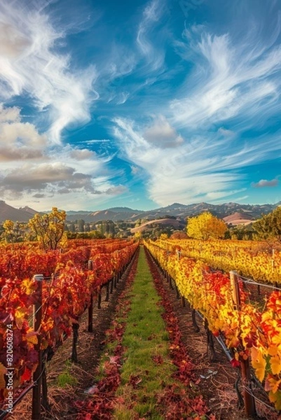 Fototapeta Vineyard Landscape in The Fall, with Grapevines Ablaze with Vibrant Reds and Golds, Generative AI