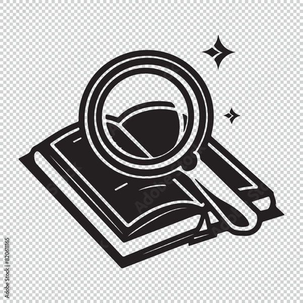 Fototapeta Book with magnifying glass logo icon design, black vector illustration on transparent background