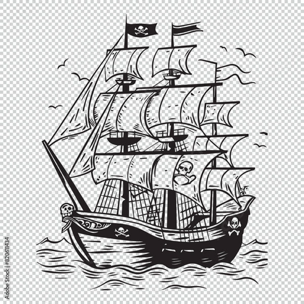 Fototapeta Cartoon pirate ship for kids coloring book pages, black vector illustration on transparent background