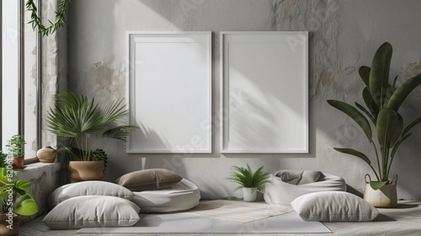 Fototapeta A serene meditation room with two white frames on a light grey wall, featuring floor cushions, indoor plants, and a calming atmosphere,